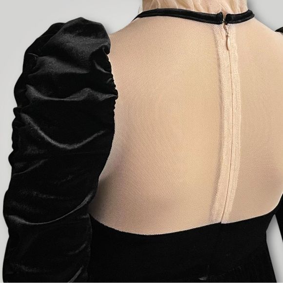 Chelsea & Violet Black Velvet Empire Waist Nude Mesh Hi Neck Ruched Sleeve - Picture 7 of 9
